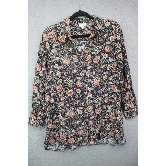 J. Jill Long Sleeve Button Down Tunic Top-Size Small/Petite-Brown Orange Paisley - Picture 1 of 7